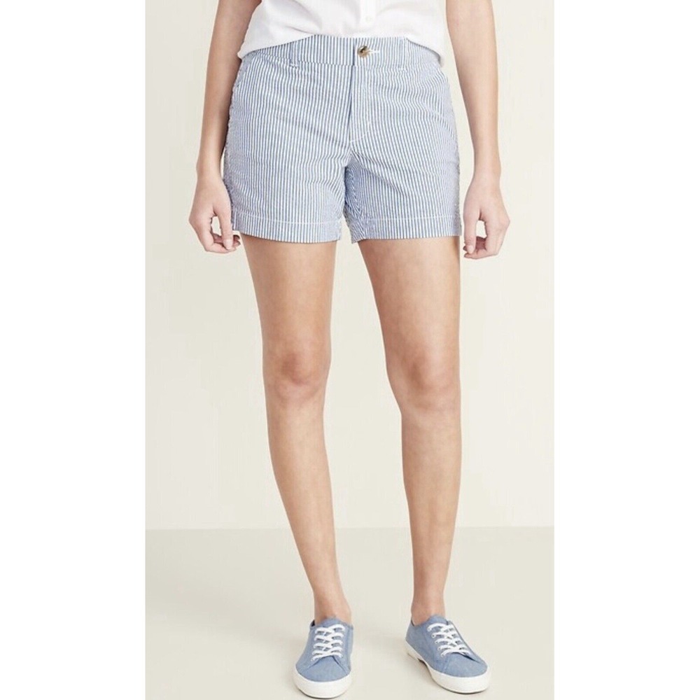Old Navy Mid Rise Everyday Seersucker Shorts 5 Inch White Blue Stripes Sz 10